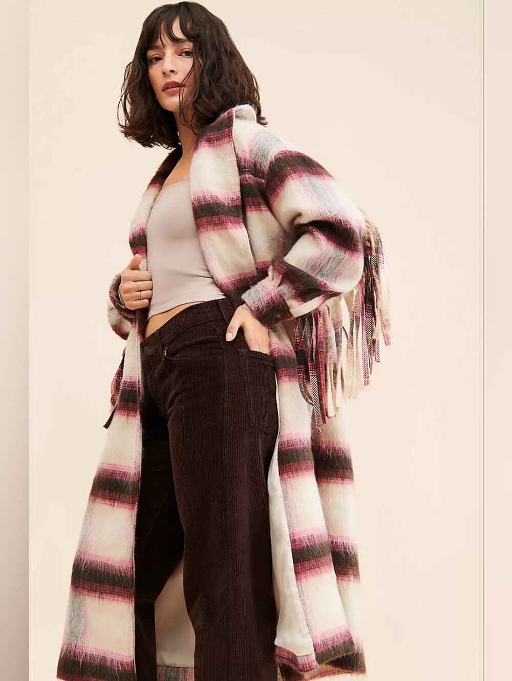 Free People Pressley Fringe Coat M/L Pink Plaid Wool Blend Duster Western
